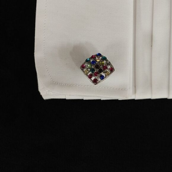 MEN'S DESIGNER EJ SAMUELS MULTI COLOR JEWEL RHINESTONE CUFFLINK WITH SILVER BASE - Picture 6 of 6